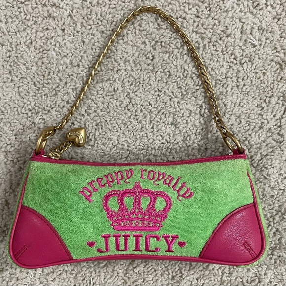 Juicy Couture Handbags - VINTAGE Y2k JUICY COUTURE Green & Pink PREPPY ROYALTY Gold CHAIN Mini BAG Purse